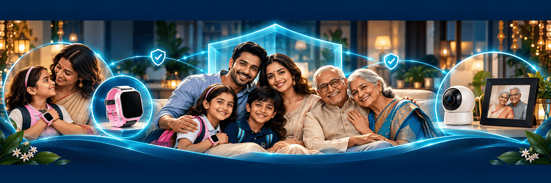 A family at home, kept close by children's safety watches, a home camera, and a video frame.